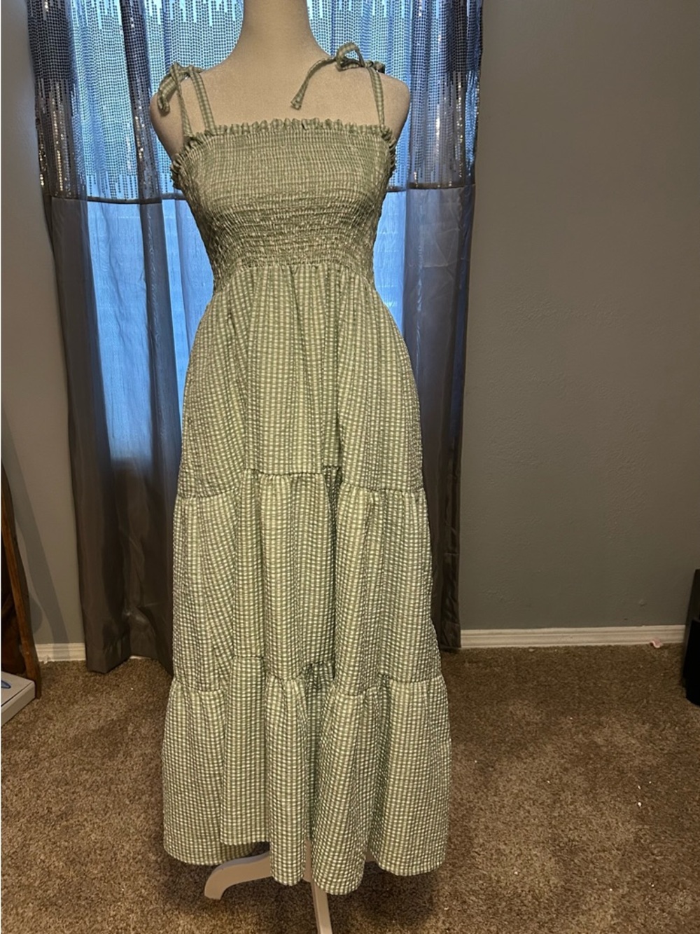Impressions Sage Green Gingham Tie-Shoulder Smocked Maxi Dress